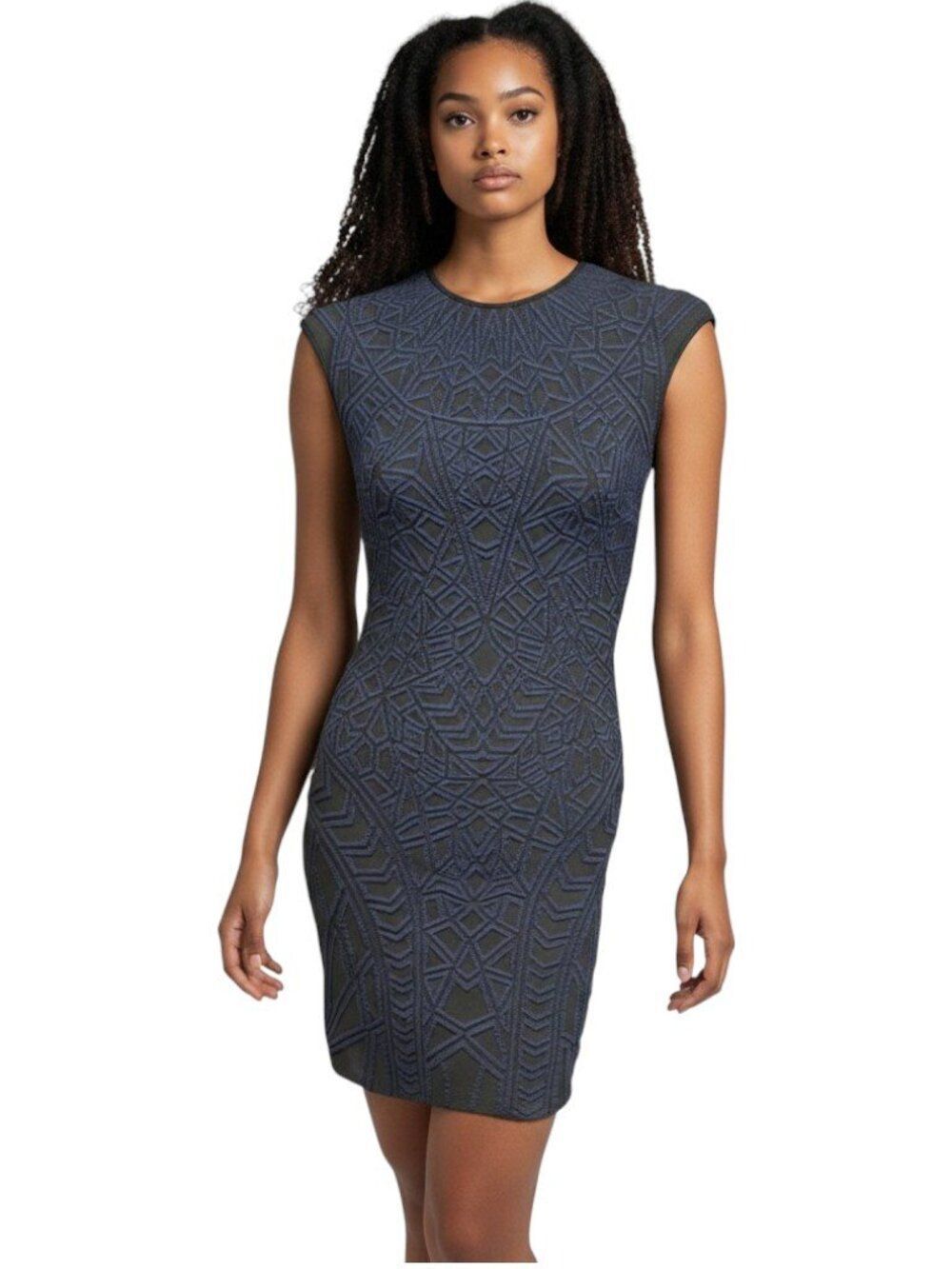 RVN Navy Geometric Jacquard Knit Bodycon Dress Size M